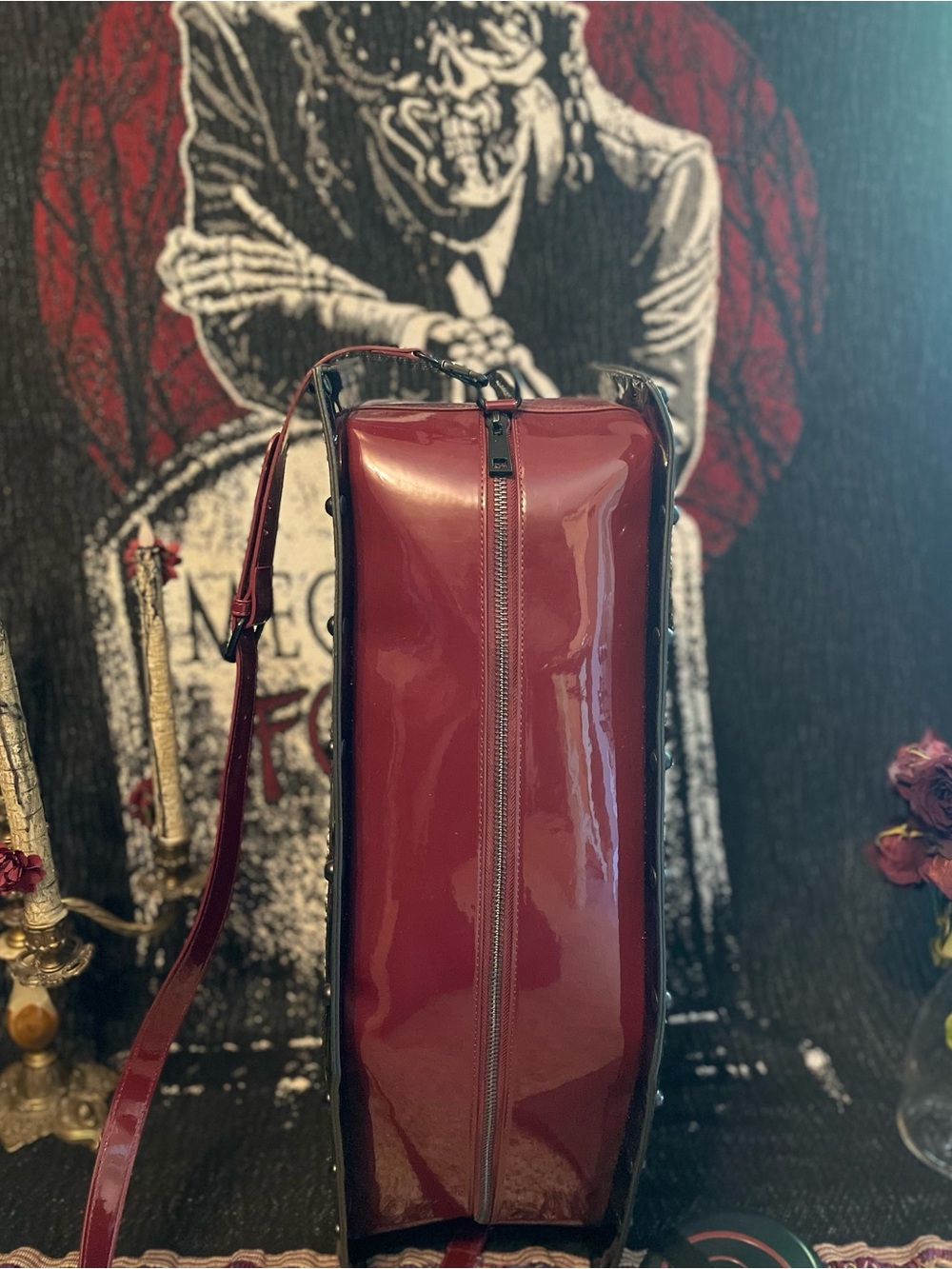 Dolls Kill Wine Red Coffin Weekender Bag with Black Embroidered Cross - Picture 5 of 13